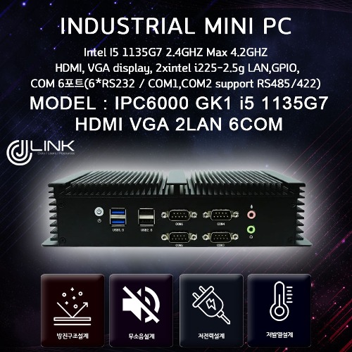 IPC6000 GK1-1135G7 intel i255-2.5g lan chip /I5 11세대 VGA HDMI 2DISPLAY 2화면/ 2lan /6com(2port 422/485)지원 Fanless 베어본 산업용 컴퓨터 INDUSTRIAL PC